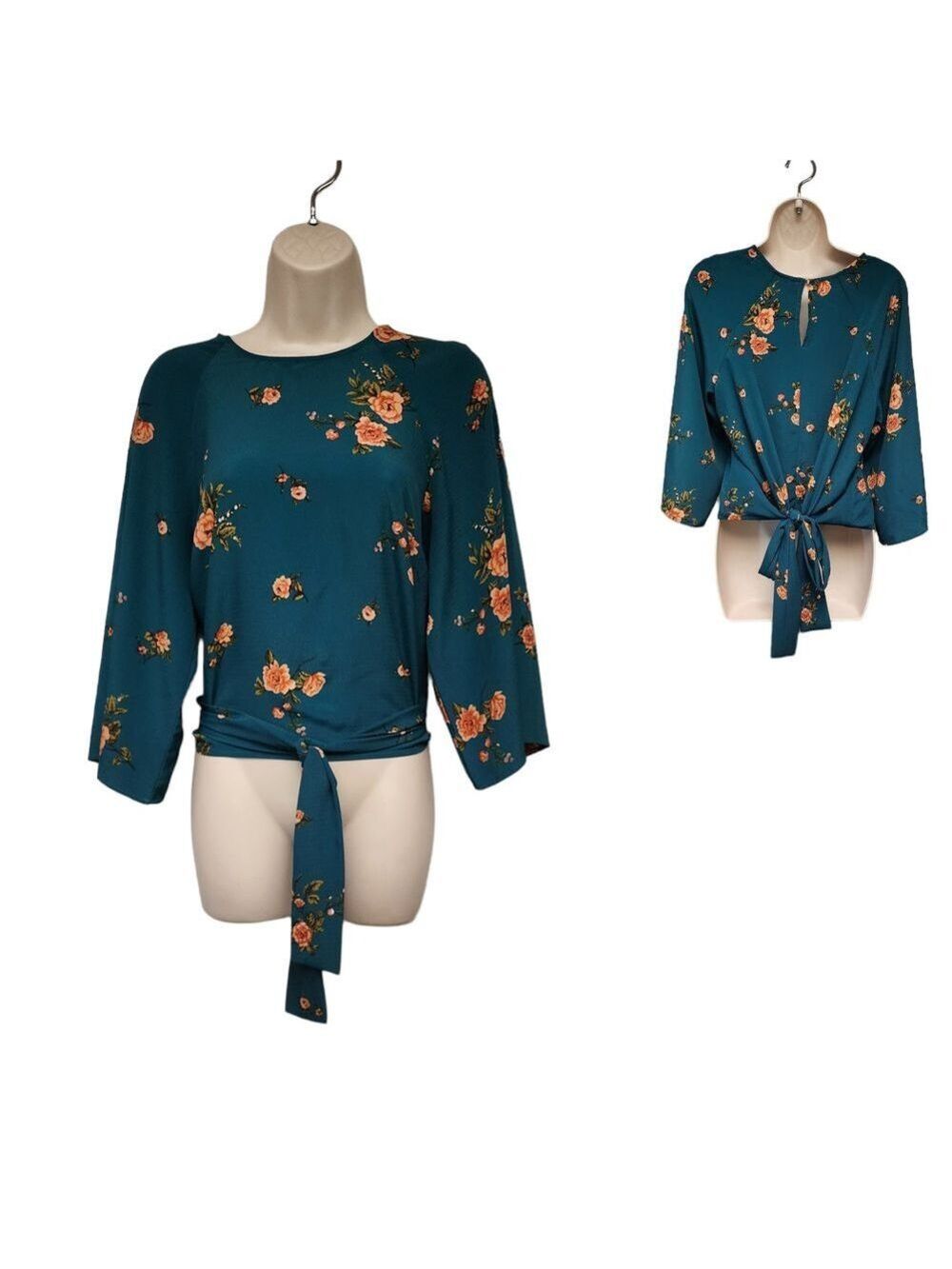 ANTHROPOLOGY Code+Mode 3/4 Bell Sleeve Floral Green/Blouse Waist Tie  M
